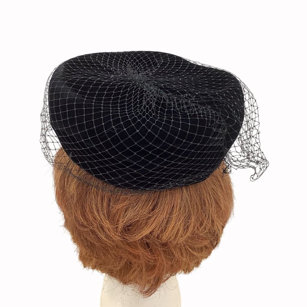 Vintage Black Velvet Pillbox Hat With Veil & Tassel Accent - Picture 3 of 6
